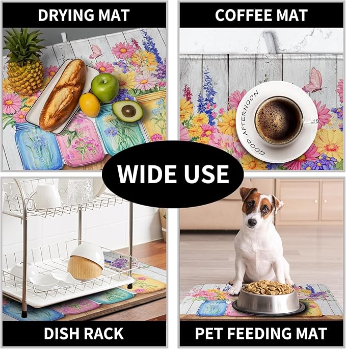 Daisy Dish Drying Mat for Kitchen Counter Spring Summer Flowers Vases Dishes Pad Microfiber Absorbent Dish Draining Mats Rustic Farmhouse Floral Wooden Board Dish Drainer Rack Mat 16x18 Inch