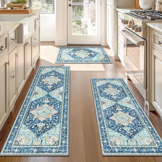 Yamaziot Boho Washable Kitchen Rugs Sets of 3, Non Slip Kitchen Mats for Floor with Rubber Backing, Waterproof & Stain Resistant Thick Carpet Runner Throw Rugs for Kitchen, Laundry Room, Hallway, Blue