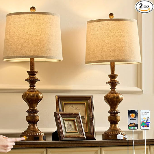 27.5" Farmhouse Table Lamps Set of 2 Bedside Nightstand Lamp with USB C+A Ports & AC Outlet, 3 Way Dimmable Touch Lamps for Bedroom Living Room Office Hallway Rustic Traditional Lamp (Copper)