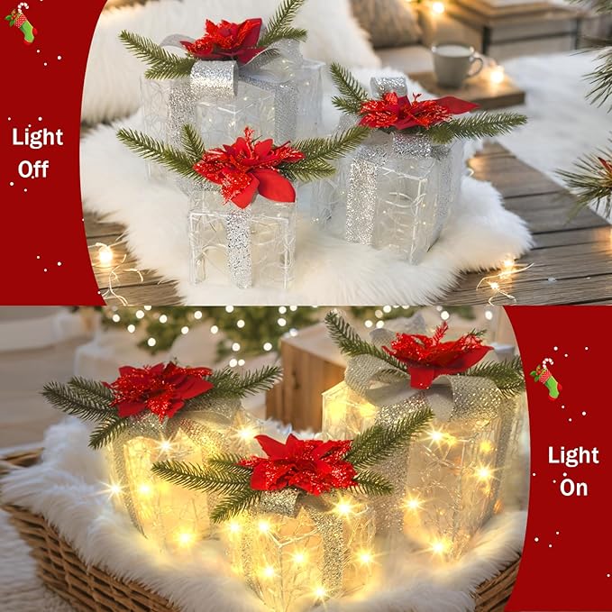 Christmas Decorations, Set of 3 Christmas Lighted Gift Boxes, Decorative Acrylic Light Up Present Gift Boxes with Timer for Weddings Holiday Indoor Outdoor Xmas Tree Decor