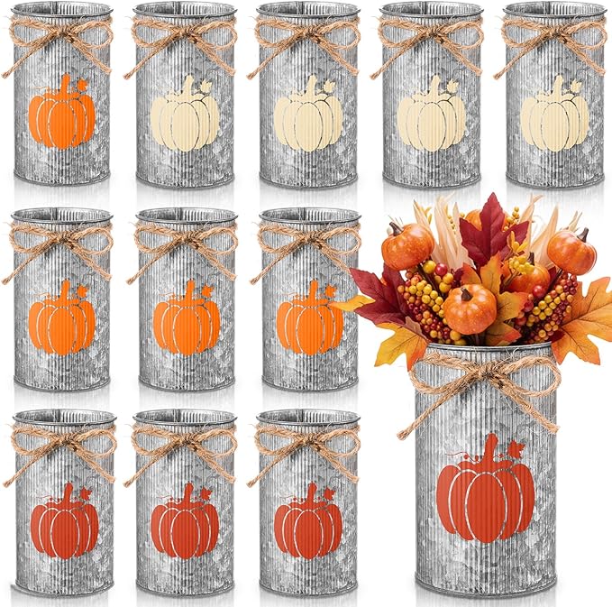 Domensi 12 Pcs Fall Table Centerpiece Pumpkin Vases Thanksgiving Decor Galvanized Metal Vases for Flowers Farmhouse Mason Jars Utensil Holder for Fall Home Thanksgiving Autumn Harvest Decorations