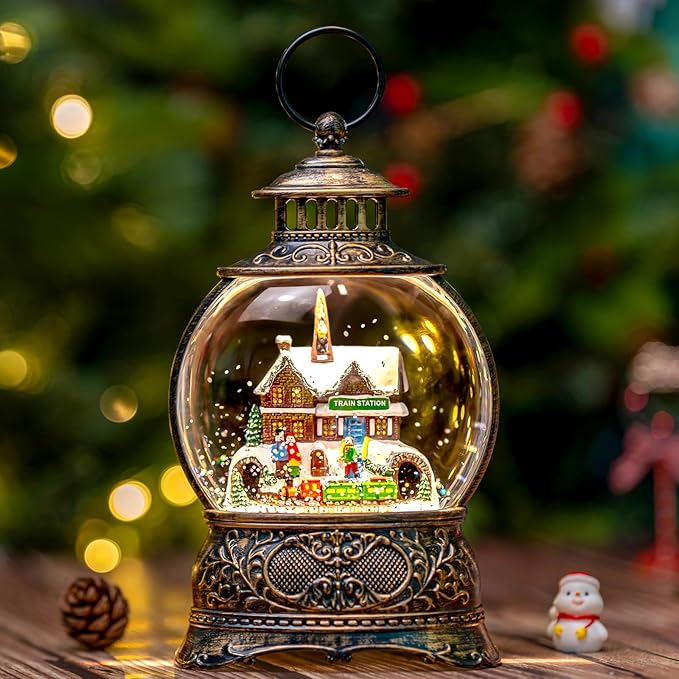 9.8" Christmas Snow Globe Water Lantern with Train Station Scene Battery Operated or USB Powered Musical Lighted Holiday Decoration for Tabletop Display for Family and Friends