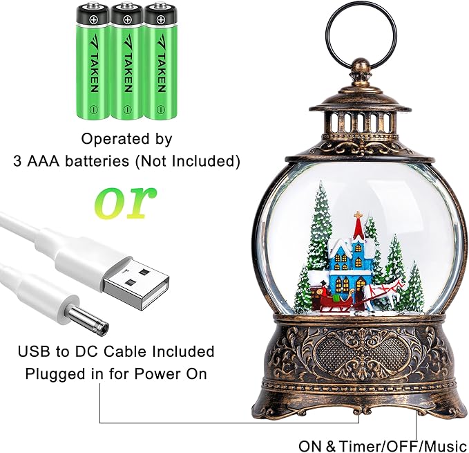 9.8" Christmas Snow Globe Water Lantern with Horse Drawn Carriage Town Scene Battery Operated or USB Powered Musical Lighted Holiday Decoration for Tabletop Display for Family and Friends