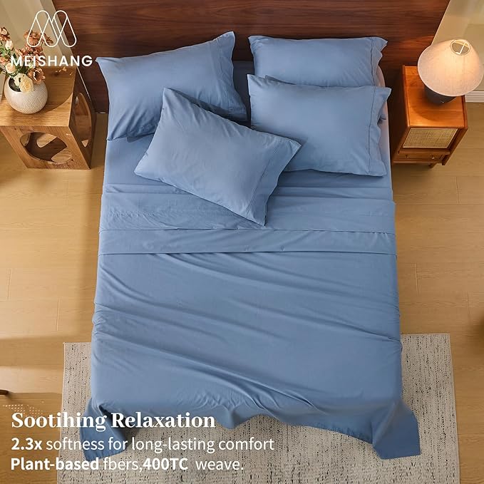 MEISHANG 100% French Pure Linen Sheets King Size - 6 PC Extra Deep Pocket Sheet Set, Soft Durable Flax Linen, Anti-Tear Breathable & Oeko-Tex Certified 18-24 Deep Pocket,All Season(Dusty Blue)