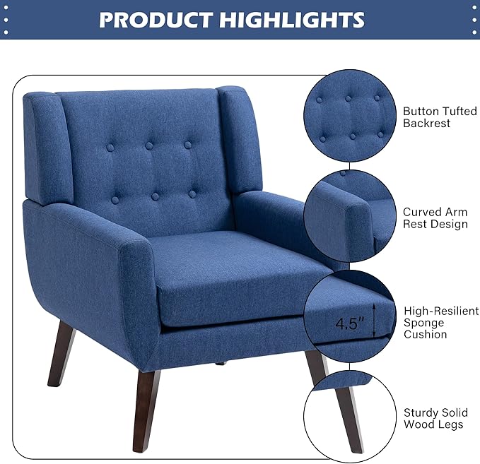 UIXE Accent Chair Modern Upholstered Armchair, Mid Century Club Arm Chairs, Comfy Single Lounge Sofa Living Room Button Tufted Armrest Side Reading Seat for Dorm Bedroom Home Office, Blue