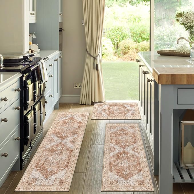 Yamaziot Boho Washable Kitchen Rugs Sets of 3, Non Slip Kitchen Mats for Floor with Rubber Backing, Waterproof & Stain Resistant Thick Carpet Runner Throw Rugs for Kitchen, Laundry Room, Hallway