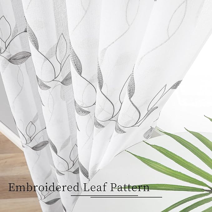 Tollpiz Grey Leaf Sheer Curtains Leaves Embroidered Bedroom Curtain Rod Pocket Voile Window Treatment for Living Room, 54 x 84 inches Long, Set of 2 Panels