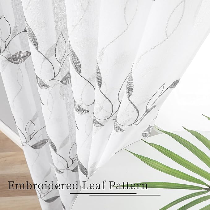 Tollpiz Grey Leaf Sheer Curtain Leaves Embroidered Bedroom Curtains Rod Pocket Voile Window Treatments for Living Room, 38 x 63 inches Long, Set of 2 Panels