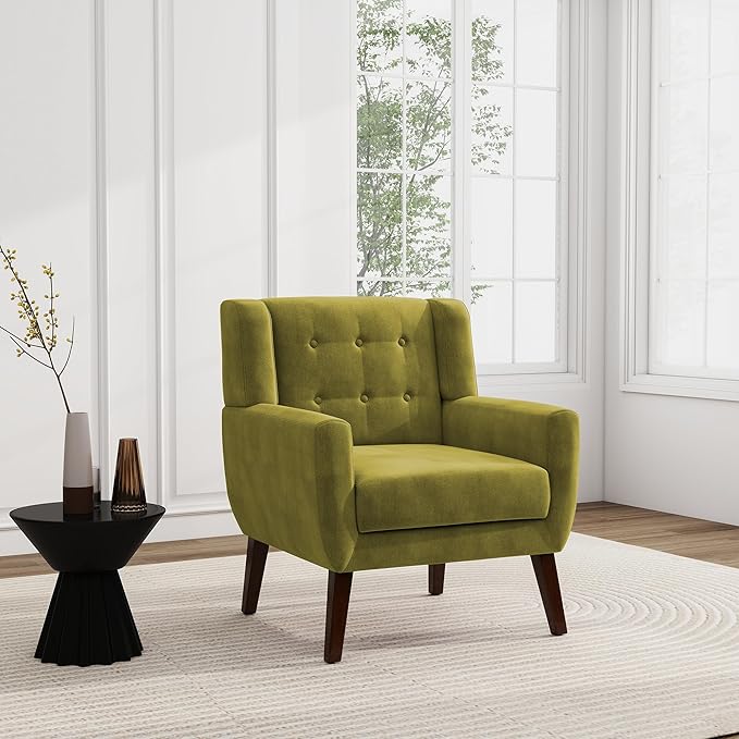 UIXE Accent Chair, Velvet Upholstered Armchair for Living Room, Modern Club Arm Chairs Comfy Single Sofa Button Tufted Bedroom Reading Seat - Green, Set of 1
