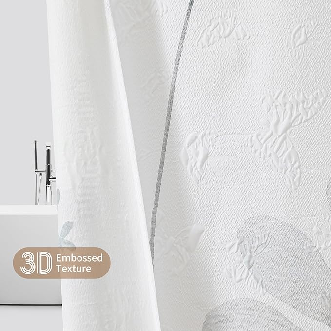 QiyI Floral Shower Curtain, 3D Embossed Butterflies Flower Bathroom Curtain, Watercolor Grey Daisy Minimalist White Cloth Bath Curtain, Waterproof Fabric Soft Shower Curtain Set with Hooks, 72x72