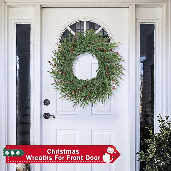26 Inch Christmas Wreaths for Front Door with Red Berry Real Touch Large Artificial Xmas Winter Pine Cedar Wreaths for Windows Outdoor Christmas Home Yard Farmhouse Wall Front Door Porch Hanging Decor