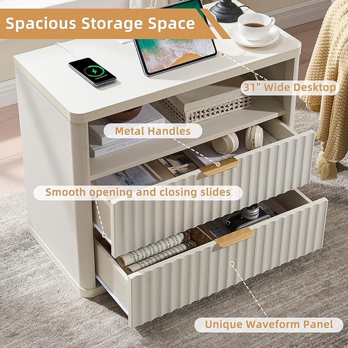 LEYAOYAO 31" Wide Fluted Nightstand with Charging Station, Oversized Extra Large 2 Drawers Night Stand,White Wood Bedside Table,Tall Bed Side End Tables,Modern Chest of Drawers Dressers for Bedroom