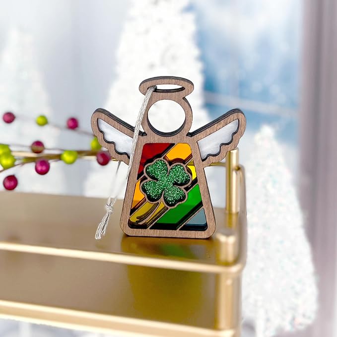 Rainbow Baby Ornament - Lucky Four Leaf Clover Suncatcher - Irish Blessing Decor - Angel Ornaments for Christmas Tree - 3.5" (H)