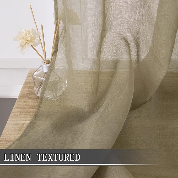 Tollpiz Short Sheer Curtains Linen Textured Living Room Curtain Sheers Light Filtering Rod Pocket Voile Curtains for Bedroom, 42 x 45 inches Long, Taos Taupe, Set of 2 Panels