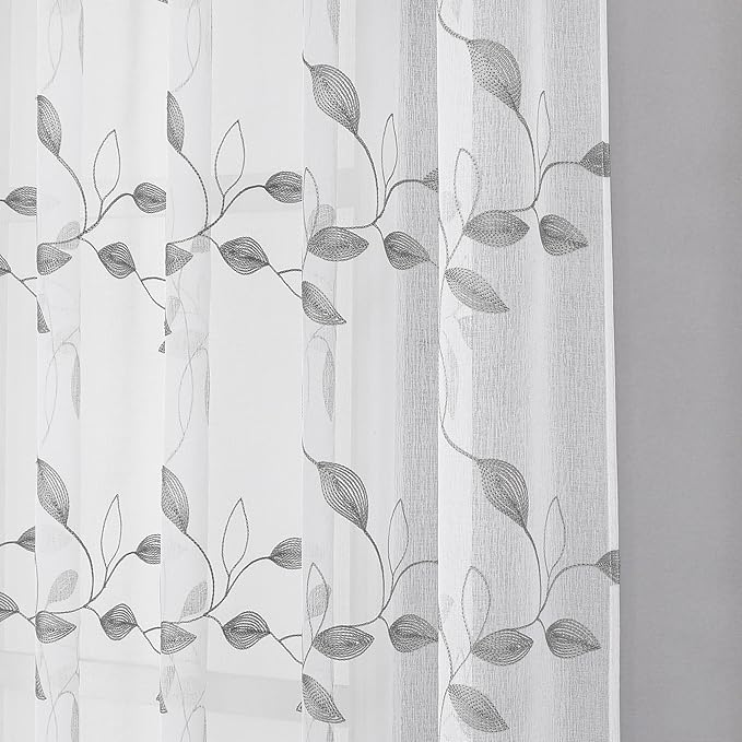 Tollpiz Grey Leaf Sheer Curtain Leaves Embroidered Bedroom Curtains Rod Pocket Voile Window Treatments for Living Room, 38 x 63 inches Long, Set of 2 Panels