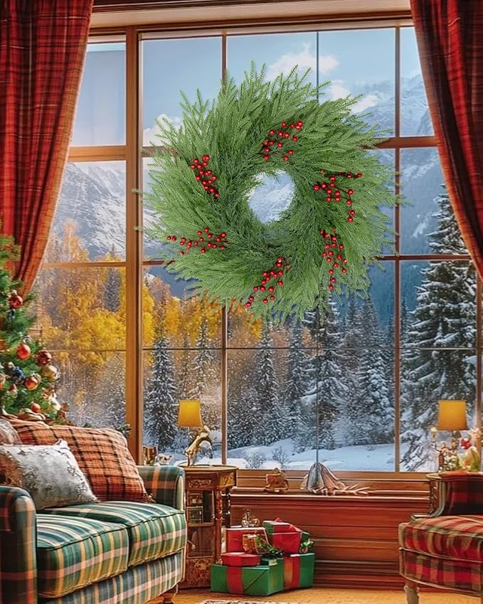 Artificial Christmas Wreaths for Front Door,26" Large Winter Wreaths for Indoor and Outdoor Christmas Decorations,Norfolk Pine Door Wreath with Red Berries for Wall Window Porch Farmhouse Stair