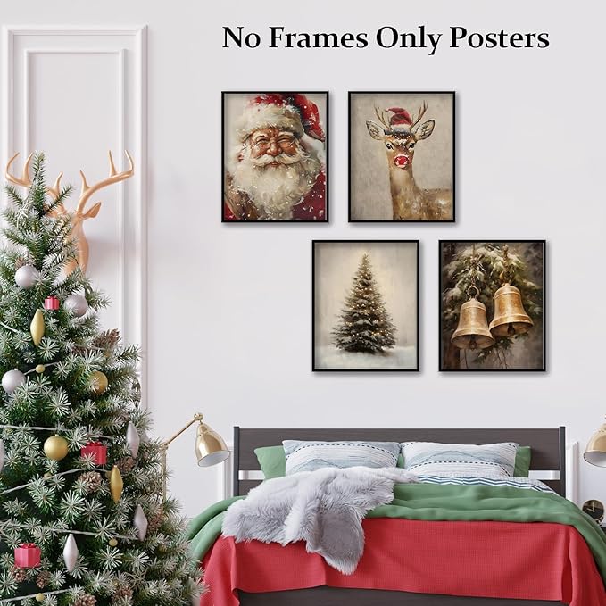 TFKFJLF Vintage Christmas Santa Posters for Wall, Christmas Tree Deer Painting Pictures Decor Wall Art, Vacation Decorations for Bedroom Bathroom Living Room Office, Unframed 8x10in Set of 4