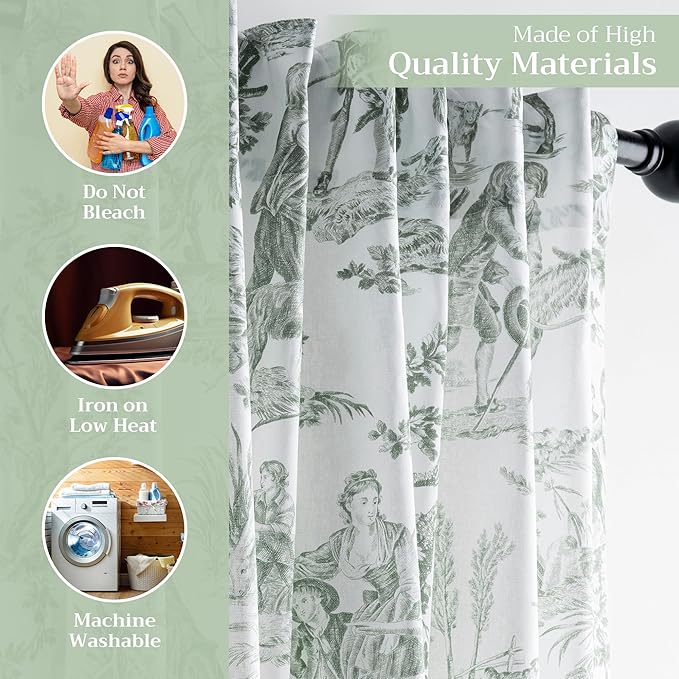 Maison d' Hermine Curtains for living room 100% Cotton 124 inch length Two Panels Light Filtering Toile Curtains with rod and loop Pockets (The Miller Antique Green (White Background), 50"W x 124"L)
