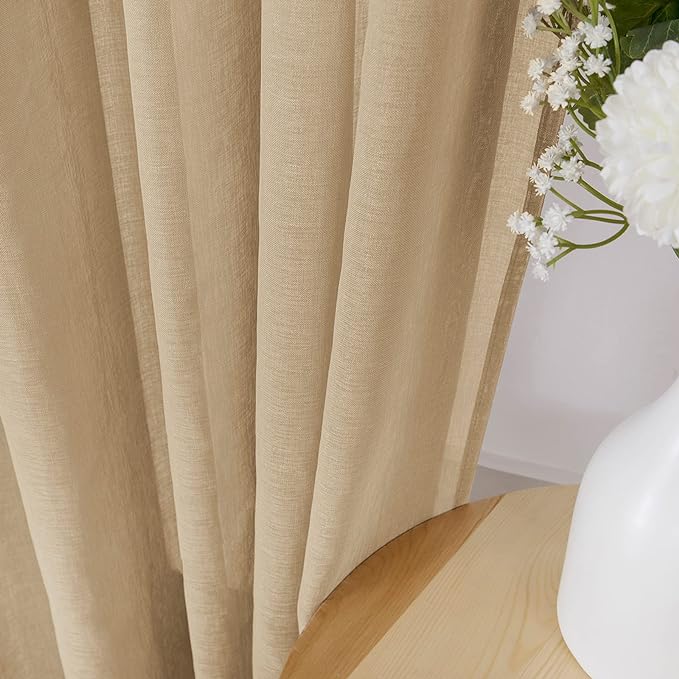 Tollpiz Short Sheer Curtains Living Room Linen Textured Curtain Sheers Light Filtering Voile Rod Pocket Curtains for Bedroom, 38 x 45 inches Long, Beige, Set of 2 Panels