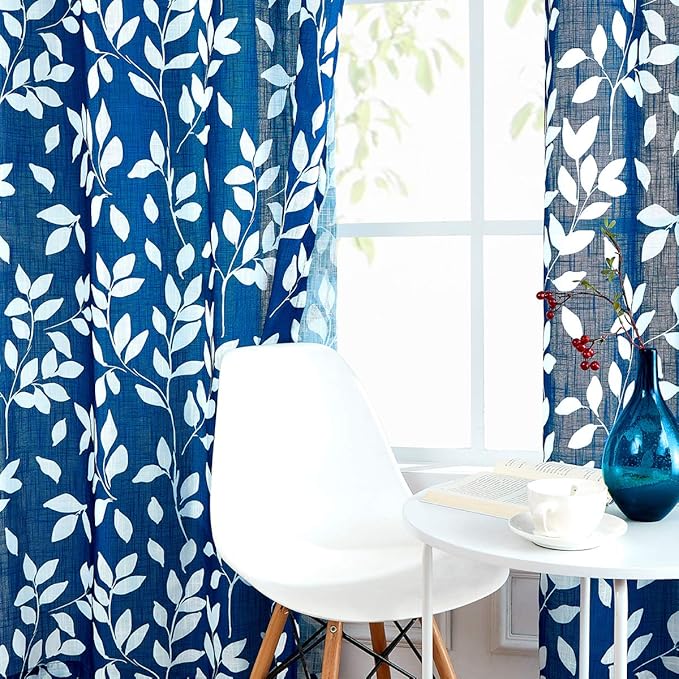 Navy and White Curtains for Bedroom 54" Length Leaf Print Curtains for Windows Semi-Sheers, Royal Blue Grommet Top, 2 Pack