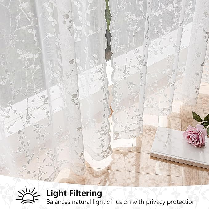 White Lace Sheer Curtains 84 inches Long – Vintage Branch Pattern for Living Room/Bedroom, Light Filtering Rod Pocket Drapes, Privacy Chic Window Treatments, 52W x 84L Inch, 2-Panel Set