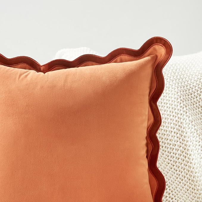 MONDAY MOOSE Decorative Throw Pillow Covers Cushion Cases, Set of 2 Soft Velvet Scalloped Wavy Edge Designs, Mix and Match for Home Decor, Pillow Inserts Not Included (Rust/Coral, 16x16 inch)