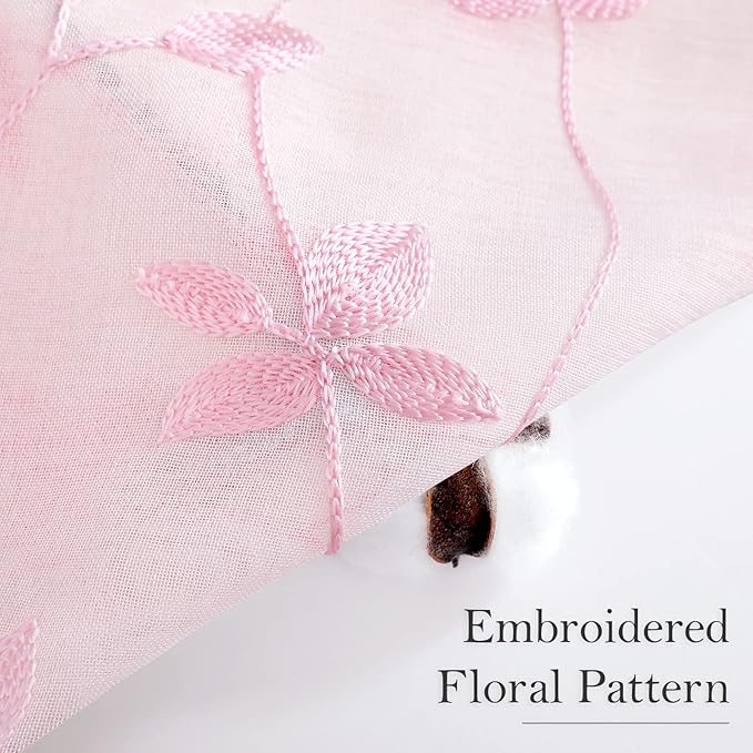 HOMEIDEAS Pink Sheer Curtains 52 X 96 Inches Length 2 Panels Embroidered Vine Floral Pattern Pocket Faux Linen Semi Sheer Voile Window Drapes for Bedroom Living Room