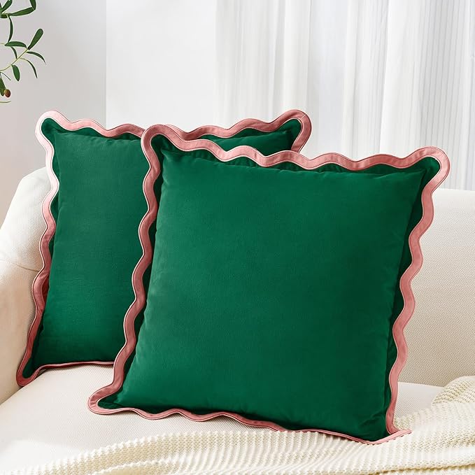 MONDAY MOOSE Decorative Throw Pillow Covers Cushion Cases, Set of 2 Soft Velvet Scalloped Wavy Edge Designs, Mix and Match for Home Decor, Pillow Inserts Not Included (Pink/Green, 16x16 inch)