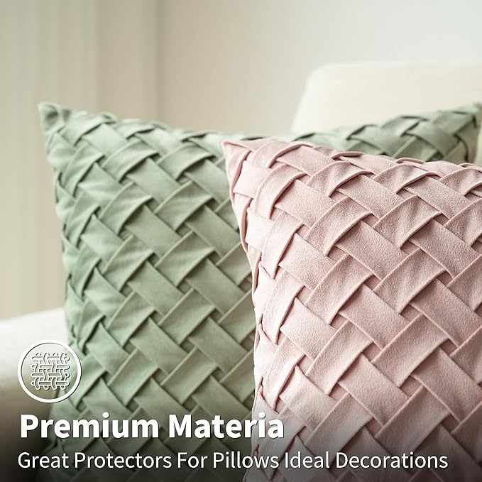 Velvet Decorative Throw Pillow Covers Set of 2, 18x18 Inch Soft Modern Weave Cushion Case, Farmhouse Home Decor Pillowcase for Sofa Living Room Couch Bed Blush