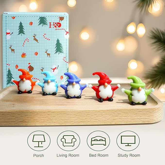 H&D HYALINE & DORA 5Pcs Christmas Gnomes Decorations Mini Blown Glass Christmas Ornaments Glass Xmas Figurines for Xmas Home Party Decor