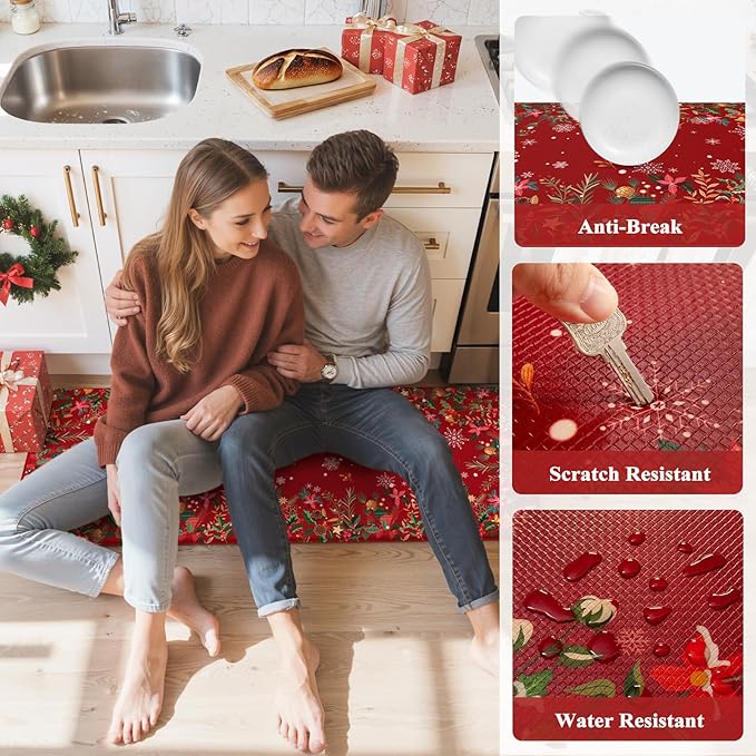 Christmas Kitchen Rugs Anti Fatigue - Christmas Kitchen Mat Sets of 2, Cushioned Non-Skid Waterproof Vintage Floral Christmas Decorations Gift for Holiday Floor Decor Home Laundry Sink(Red)