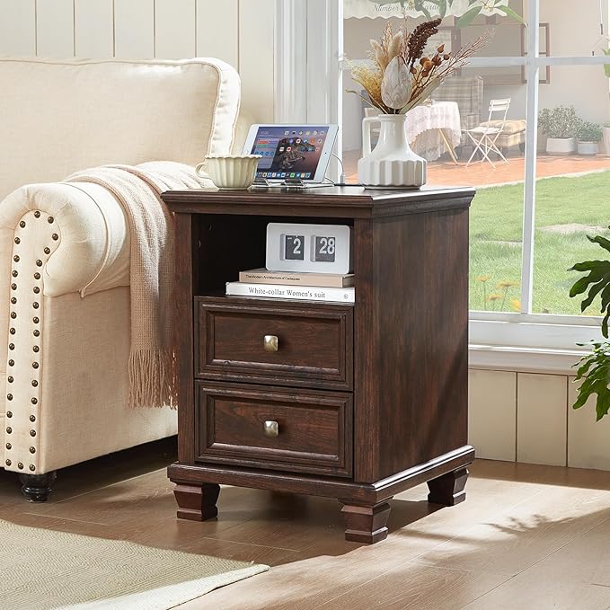 Farmhouse Nightstand Set of 2 with Charging Station, Rustic Brown Nightstand,2 Drawers End Table for Living Room,Bedside Table with Open Shelf for Bed Room,Walnut