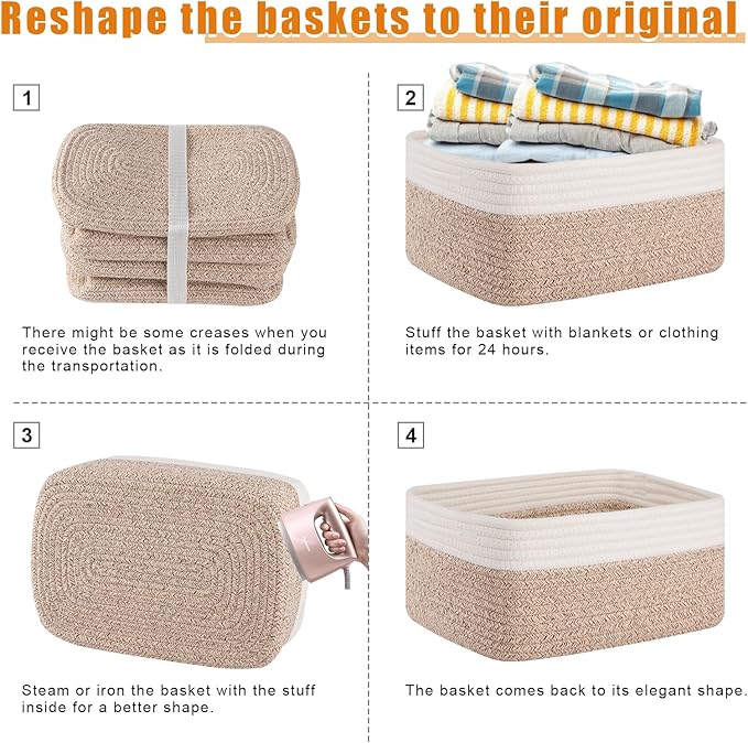 OIAHOMY 4 Pack Storage Baskets for Organizing, Small Bins for Shelves, Cute Decorative Storage Bins, Organizer Baskets for Gifts Empty, 13.8''Lx9.8''Wx5.5''H, Brown/White