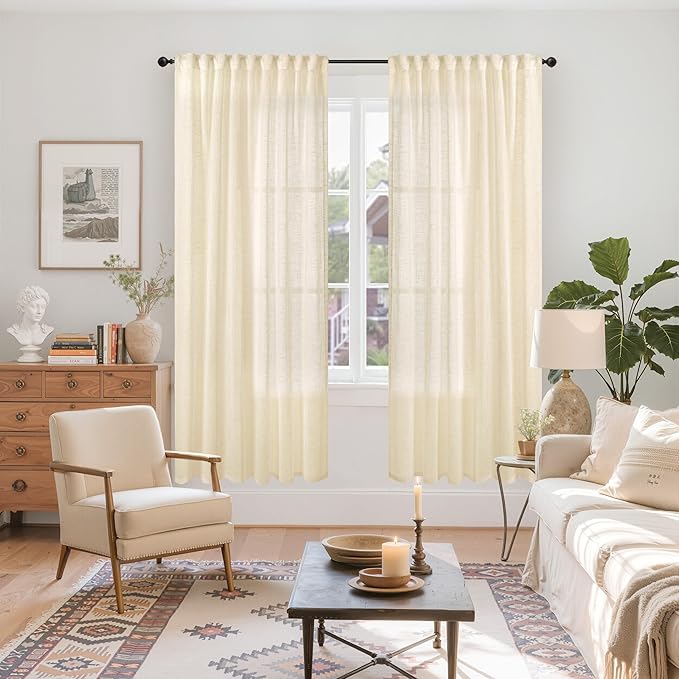 YoungsTex Champagne Linen Semi Sheer Curtains 72 Inch Length for Living Room, Light Filtering Textured Window Treatments Rustic with Rod Pocket Back Tab for Bedroom Dining, 2 Panels, 52 X 72 Inch