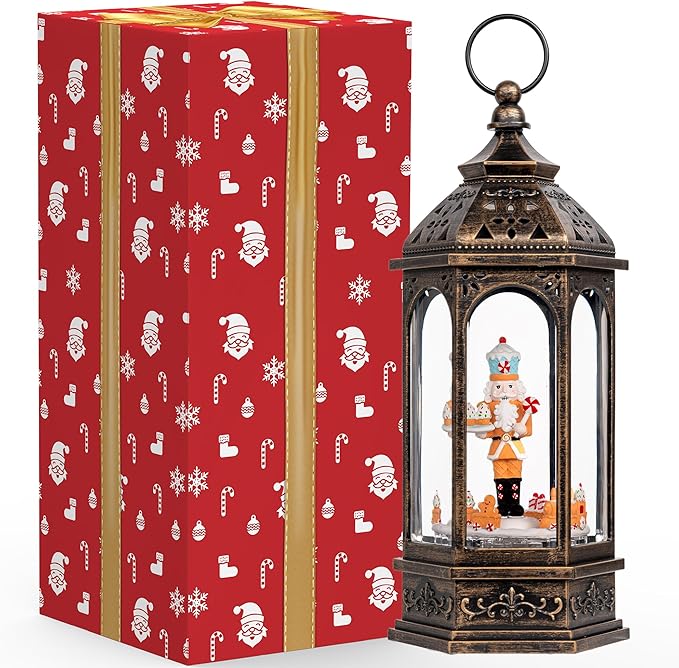 Animated Gingerbread Nutcracker with Moving Figurines Lighted Water Lantern, USB Lined/Battery Operated Snow Globe for Christmas Festival Decoration Gifts