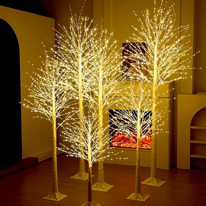 Baquler 6 Pack Lighted Birch Tree - Artificial LED Warm-White Light Birch Tree Decoration for Christmas Holiday Party Wedding Festival Decor, Indoor & Outdoor (4 5 6 7 8 ft)