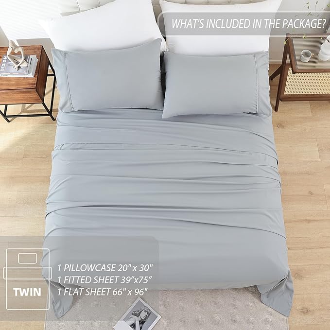 Whitney Home Textile Twin Sheets Set, Soft Microfiber Hotel Bed Sheets Twin Size, Extra Deep Pocket, Luxury Breathable Bedding Sheet & Pillowcase Sets, 3 Piece Wrinkle Free Oeko-Tex, Grey