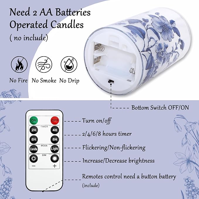Flameless Candles Glass with Remote Control & Timer Function, Blue and White Porcelain Theme Design, Home Party Wedding Christmas Summer Decor, Set of 3