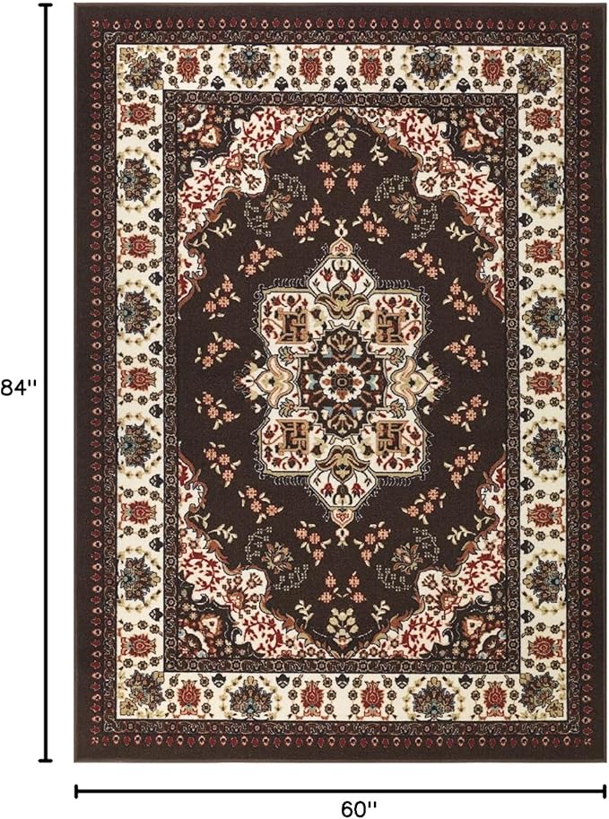Antep Rugs Alfombras Oriental Traditional 5x7 Non-Skid (Non-Slip) Low Profile Pile Rubber Backing Indoor Area Rugs (Brown, 5' x 7')