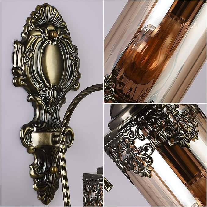 Rustic Wall Sconce with Amber Glass,Vintage Antique Gothic Wall Light Fixture E26 Mid Centry Lantern Bedside Sconces Wall Lighting for Living Room Bathroom Hallway Mirror