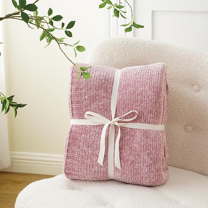BATTILO HOME Chenille Throw Blanket for Couch, Pink Blanket Throw Chenille Knitted Blankets for Home Decor, Super Soft Blush Pink Throws for Bed Sofa Living Room, 51"x67"