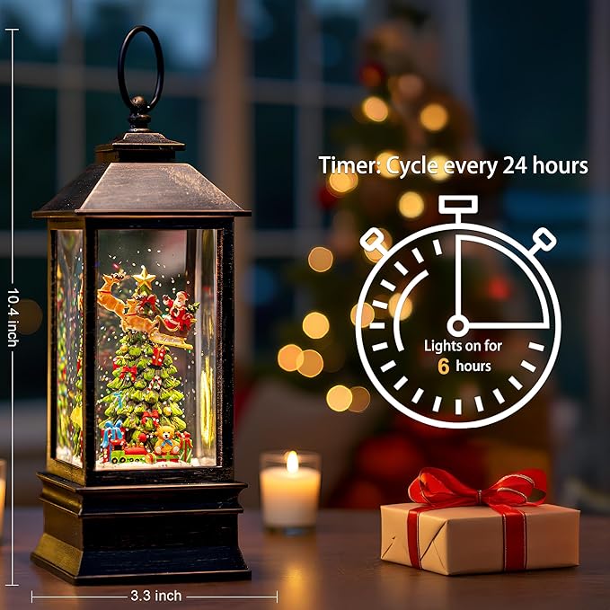 10.4" Christmas Snow Globe Water Lantern with Flying Santa Scene Battery Operated or USB Powered Musical Lighted Holiday Decoration for Tabletop Display for Family and Friends