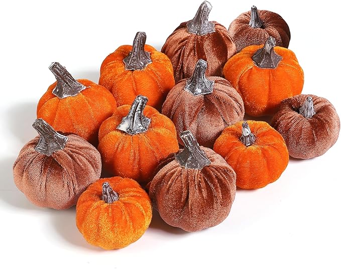12pcs Velvet Fake Pumpkins Fall Decor Faux Small Foam Fabric Pumpkin for Autumn Table Centerpiece Party Farmhouse Harvest Thanksgiving (Orange/Desert Tan)