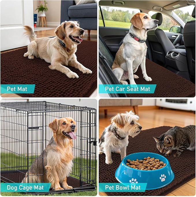 OLANLY Dog Door Mat Set 4-Piece 24x16, Absorbs Moisture and Dirt, Absorbent Non-Slip Washable Doormat, Quick Dry Chenille Mud Mat for Dogs, Entry Indoor Entryway Carpet for Inside Floor, Brown