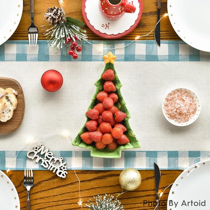 Artoid Mode Bule Watercolor Buffalo Plaid Christmas Trees Merry Xmas Table Runner, Seasonal Winter Holiday Kitchen Dining Table Decoration for Indoor Outdoor Home Party Decor 13 x 108 Inch