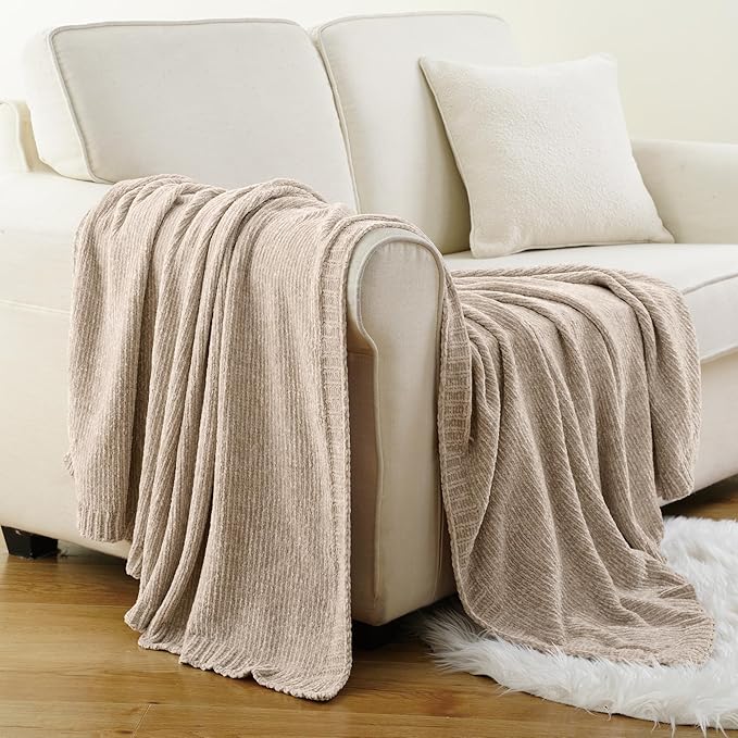 BATTILO HOME Knit Chenille Throw Blanket for Couch, Cozy Beige Throw Blankets for Home Decor,Lightweight Soft Throw for Bed,Sofa,Chair 51"x67"