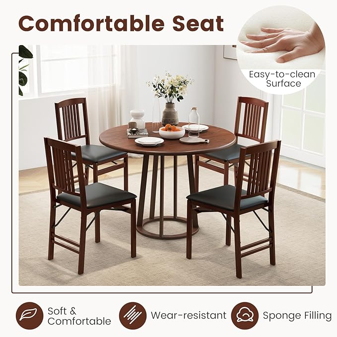GOFLAME Folding Dining Chairs Set of 4, Foldable Chairs with Padded Seat and Rubber Wood Legs, 4 Pack Armless Kitchen Side Chairs for Living Room, Dining Room, Restaurant