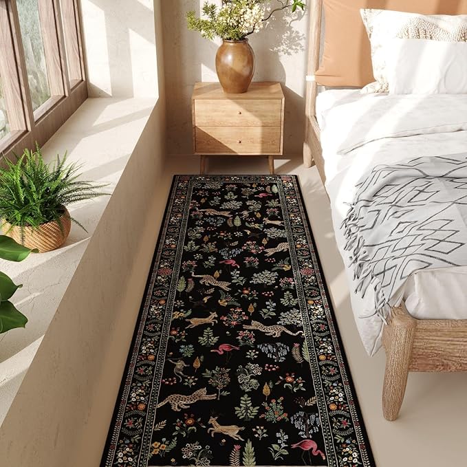Rugcomf Runners for Kitchen Runner Rug Non Slip 2'x10' Long Washable Rugs with Rubber Backing Soft Floral Animal Carpet Runner for Kitchen, Laundry, Bedroom, Bathroom (Black)
