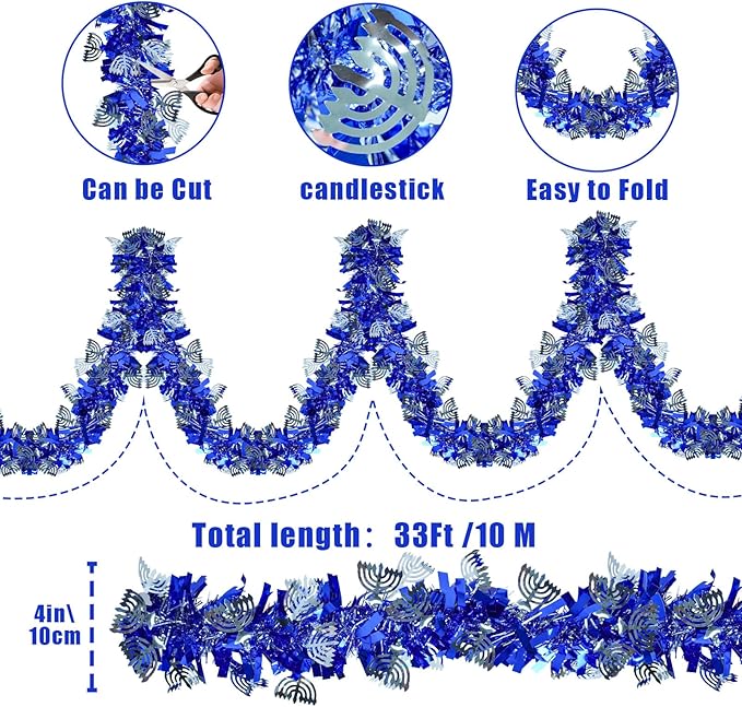 Hanukkah Decorations, 32 FT Hanukkah Garland with Menorah and Star of David Sequins Ornaments Blue Artificial Tinsel Twist Garland for Chanukah Home Indoor Outdoor Party Table Door
