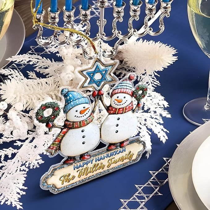 Personalized Snowman Ornament - Custom Hanukkah Ornaments for Tree, Jewish Ornaments, Hanukkah Gifts for Women Men, Couple Wedding Family Christmas Ornaments for Decorations